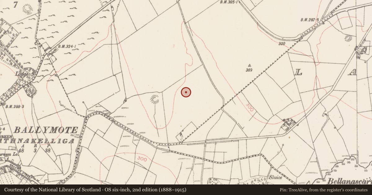 Ordnance Survey six-inch map, 2nd edition (1888–1915) covering the location of Mound, Carrigans Upper, County Sligo, with a pin at the register's coordinates