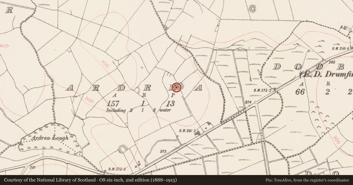 Ordnance Survey six-inch map, 2nd edition (1888–1915) covering the location of Ringfort - rath, Ardrea, County Sligo, with a pin at the register's coordinates