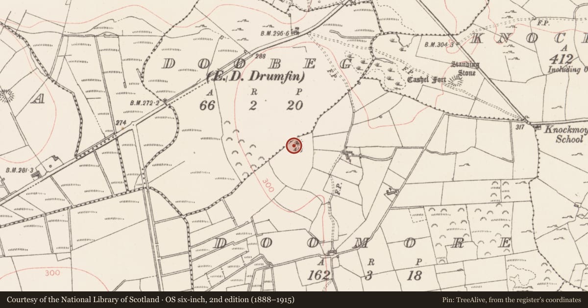 Ordnance Survey six-inch map, 2nd edition (1888–1915) covering the location of Barrow - bowl-barrow, Doomore, County Sligo, with a pin at the register's coordinates