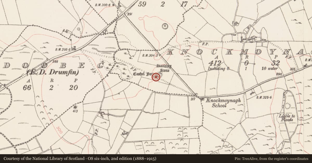 Ordnance Survey six-inch map, 2nd edition (1888–1915) covering the location of Ringfort - rath, Knockmoynagh, County Sligo, with a pin at the register's coordinates