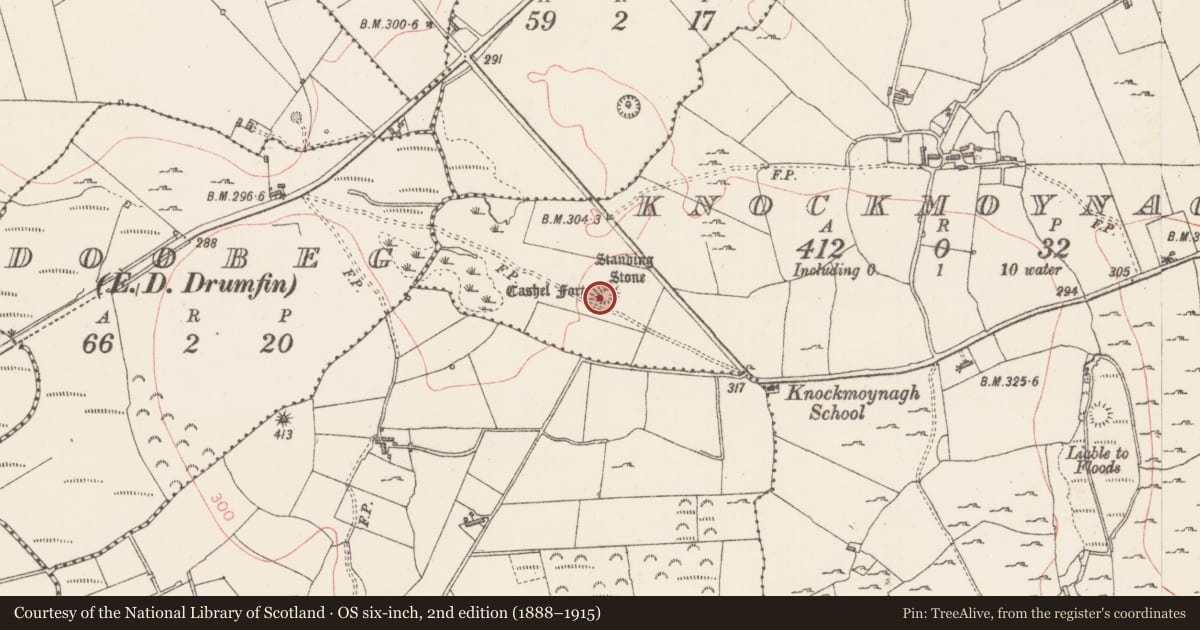 Ordnance Survey six-inch map, 2nd edition (1888–1915) covering the location of Standing stone, Knockmoynagh, County Sligo, with a pin at the register's coordinates