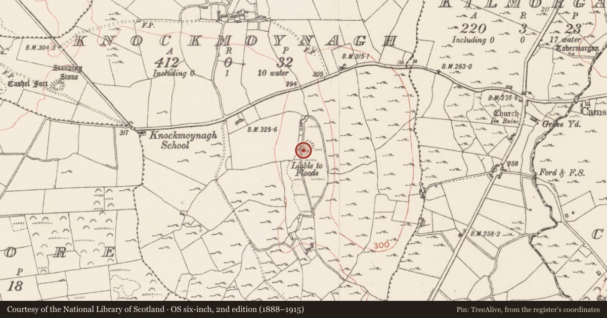 Ordnance Survey six-inch map, 2nd edition (1888–1915) covering the location of Crannog, Knockmoynagh, County Sligo, with a pin at the register's coordinates