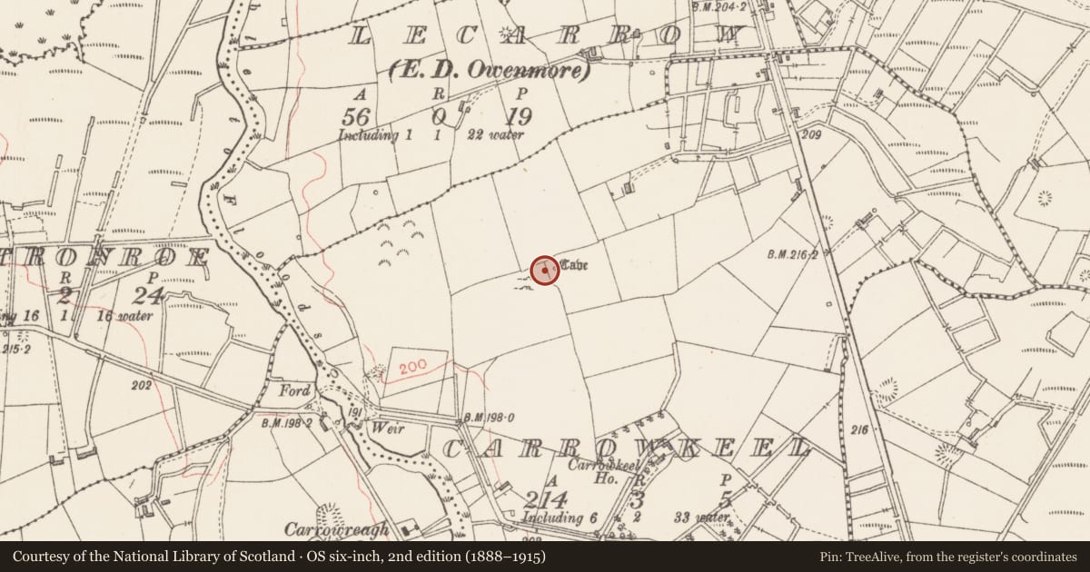 Ordnance Survey six-inch map, 2nd edition (1888–1915) covering the location of Souterrain, Carrowkeel, County Sligo, with a pin at the register's coordinates