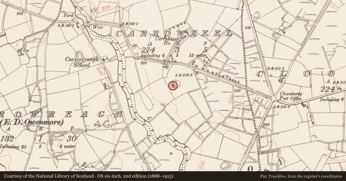 Ordnance Survey six-inch map, 2nd edition (1888–1915) covering the location of Ringfort - rath, Carrowkeel, County Sligo, with a pin at the register's coordinates