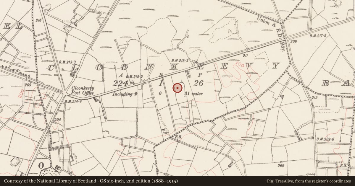 Ordnance Survey six-inch map, 2nd edition (1888–1915) covering the location of Barrow - embanked barrow, Cloonkeevy, County Sligo, with a pin at the register's coordinates