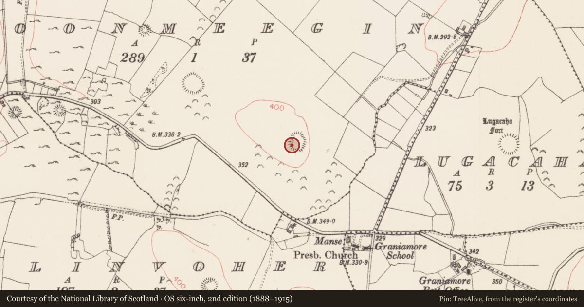 Ordnance Survey six-inch map, 2nd edition (1888–1915) covering the location of Ringfort - rath, Doonmeegin, County Sligo, with a pin at the register's coordinates