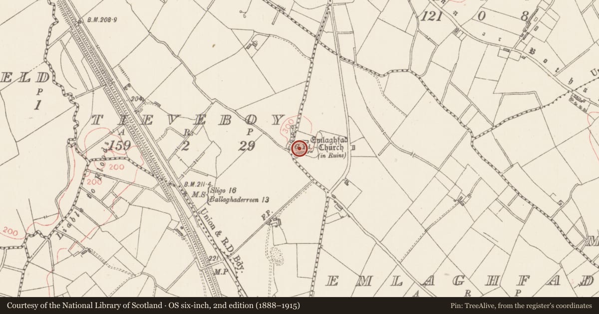 Ordnance Survey six-inch map, 2nd edition (1888–1915) covering the location of Graveyard, Emlaghfad, County Sligo, with a pin at the register's coordinates