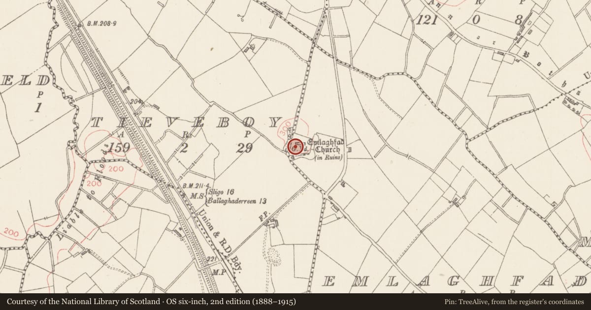 Ordnance Survey six-inch map, 2nd edition (1888–1915) covering the location of Church, Emlaghfad, County Sligo, with a pin at the register's coordinates