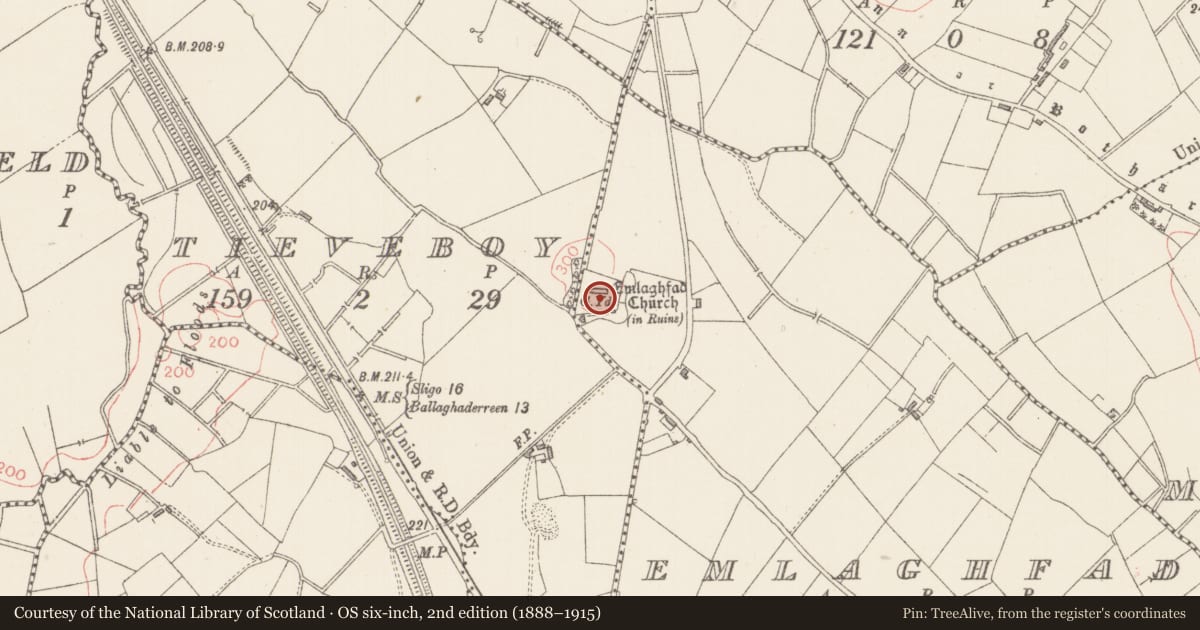 Ordnance Survey six-inch map, 2nd edition (1888–1915) covering the location of Bastioned fort, Emlaghfad, Tieveboy, County Sligo, with a pin at the register's coordinates