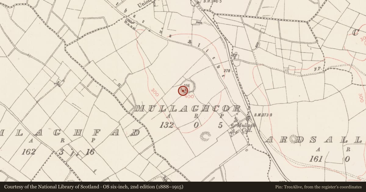 Ordnance Survey six-inch map, 2nd edition (1888–1915) covering the location of Barrow - bowl-barrow, Mullaghcor, County Sligo, with a pin at the register's coordinates