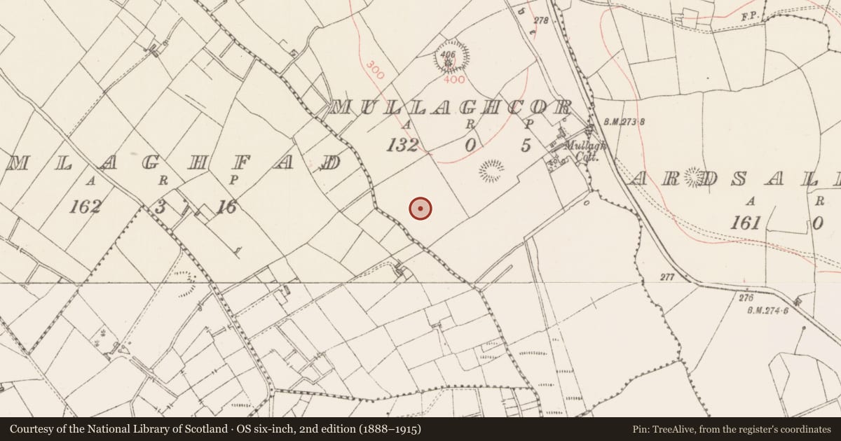 Ordnance Survey six-inch map, 2nd edition (1888–1915) covering the location of Enclosure, Mullaghcor, County Sligo, with a pin at the register's coordinates
