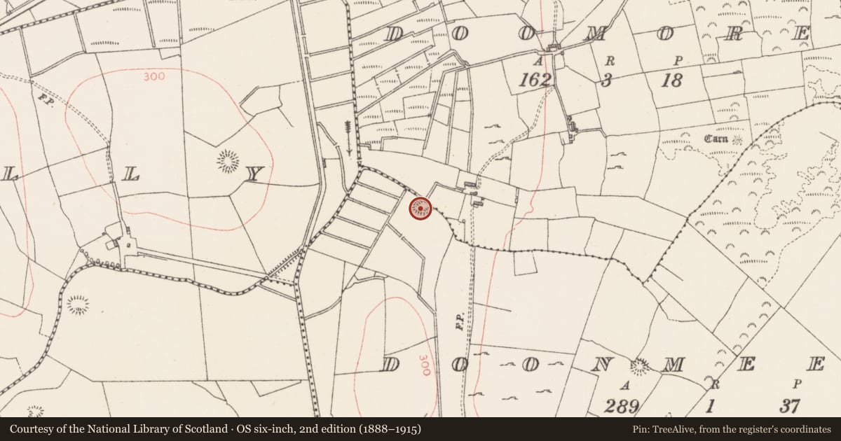 Ordnance Survey six-inch map, 2nd edition (1888–1915) covering the location of Earthwork, Doonmeegin, County Sligo, with a pin at the register's coordinates