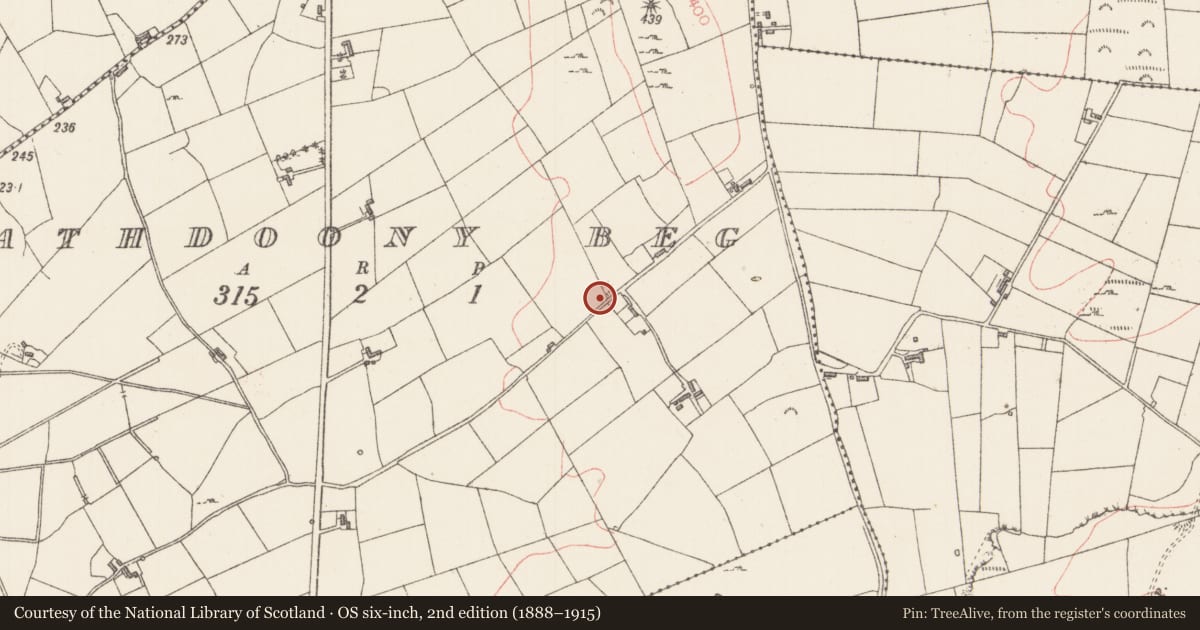 Ordnance Survey six-inch map, 2nd edition (1888–1915) covering the location of Barrow - ring-barrow, Rathdoony Beg, County Sligo, with a pin at the register's coordinates