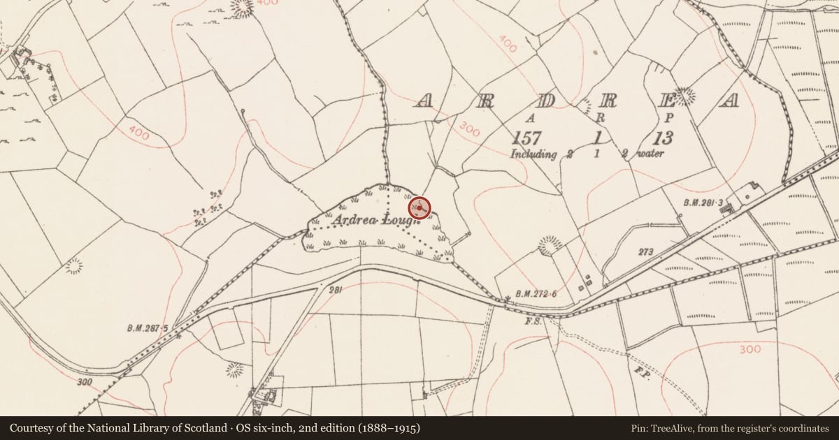 Ordnance Survey six-inch map, 2nd edition (1888–1915) covering the location of Crannog, Ardrea, County Sligo, with a pin at the register's coordinates