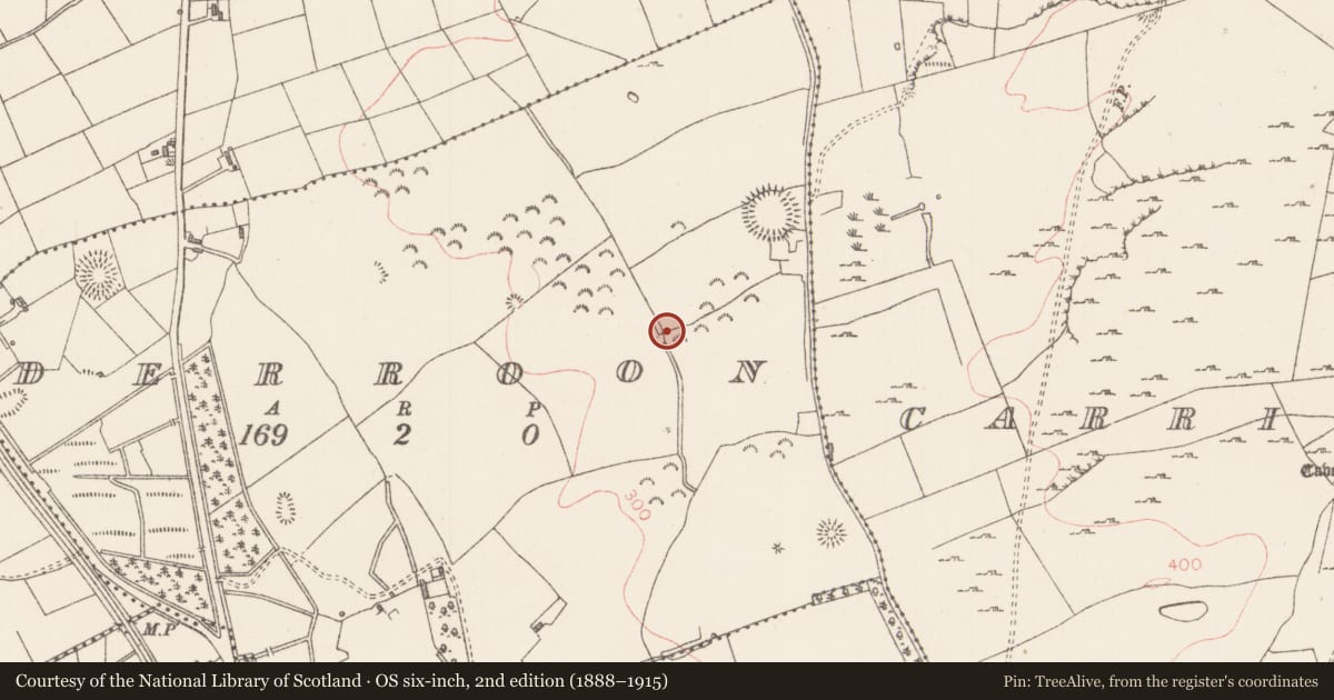 Ordnance Survey six-inch map, 2nd edition (1888–1915) covering the location of Barrow - ring-barrow, Derroon, County Sligo, with a pin at the register's coordinates