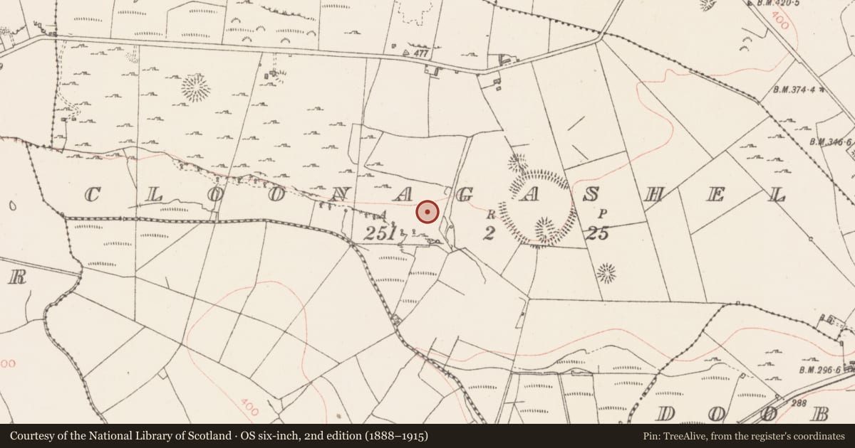 Ordnance Survey six-inch map, 2nd edition (1888–1915) covering the location of Settlement deserted - medieval, Cloonagashel, County Sligo, with a pin at the register's coordinates