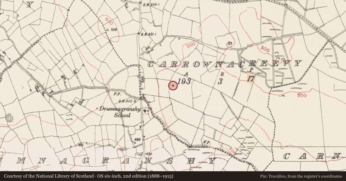 Ordnance Survey six-inch map, 2nd edition (1888–1915) covering the location of Enclosure, Carrownacreevy, County Sligo, with a pin at the register's coordinates