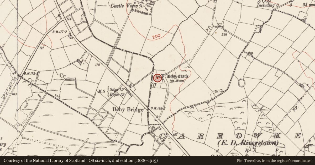 Ordnance Survey six-inch map, 2nd edition (1888–1915) covering the location of Castle - tower house, Behy, County Sligo, with a pin at the register's coordinates
