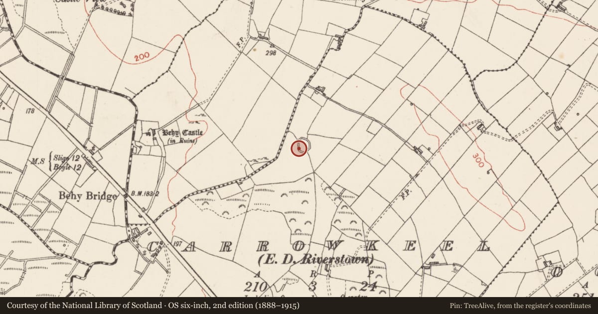 Ordnance Survey six-inch map, 2nd edition (1888–1915) covering the location of Ringfort - rath, Carrowkeel, County Sligo, with a pin at the register's coordinates