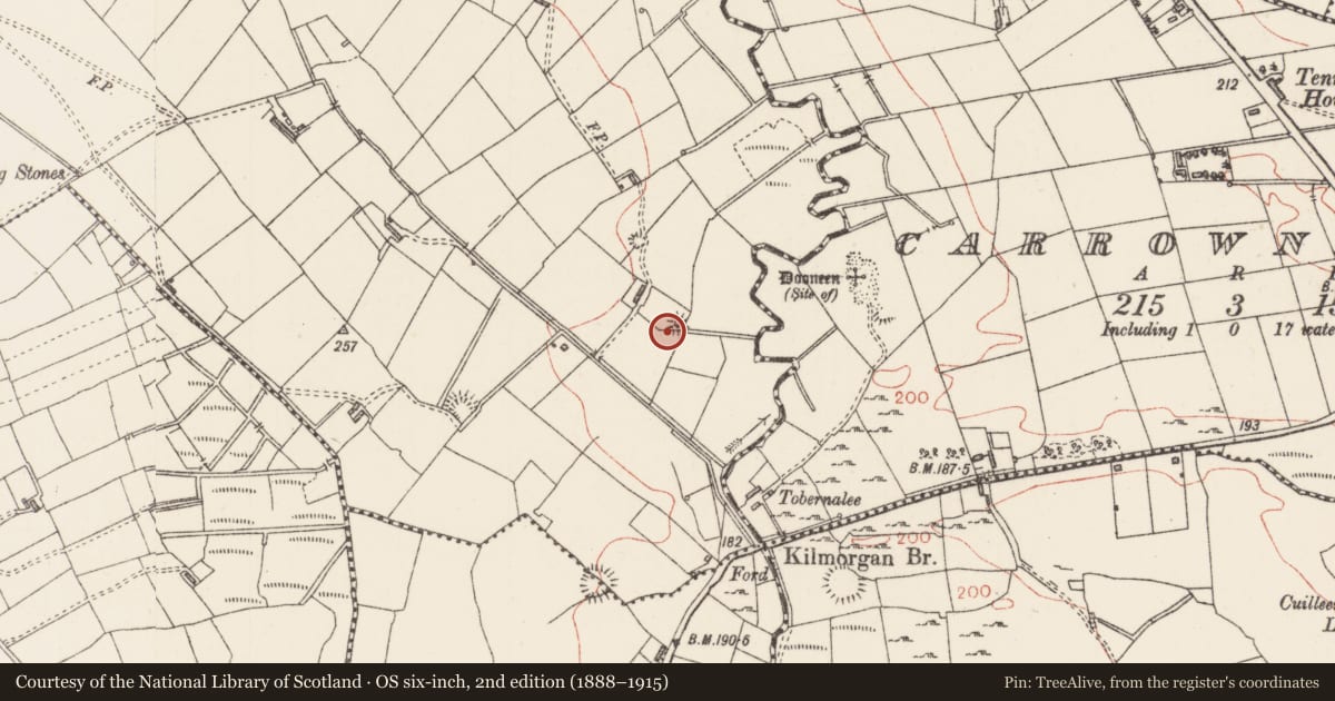 Ordnance Survey six-inch map, 2nd edition (1888–1915) covering the location of Barrow - ditch barrow, Cloonlurg, County Sligo, with a pin at the register's coordinates