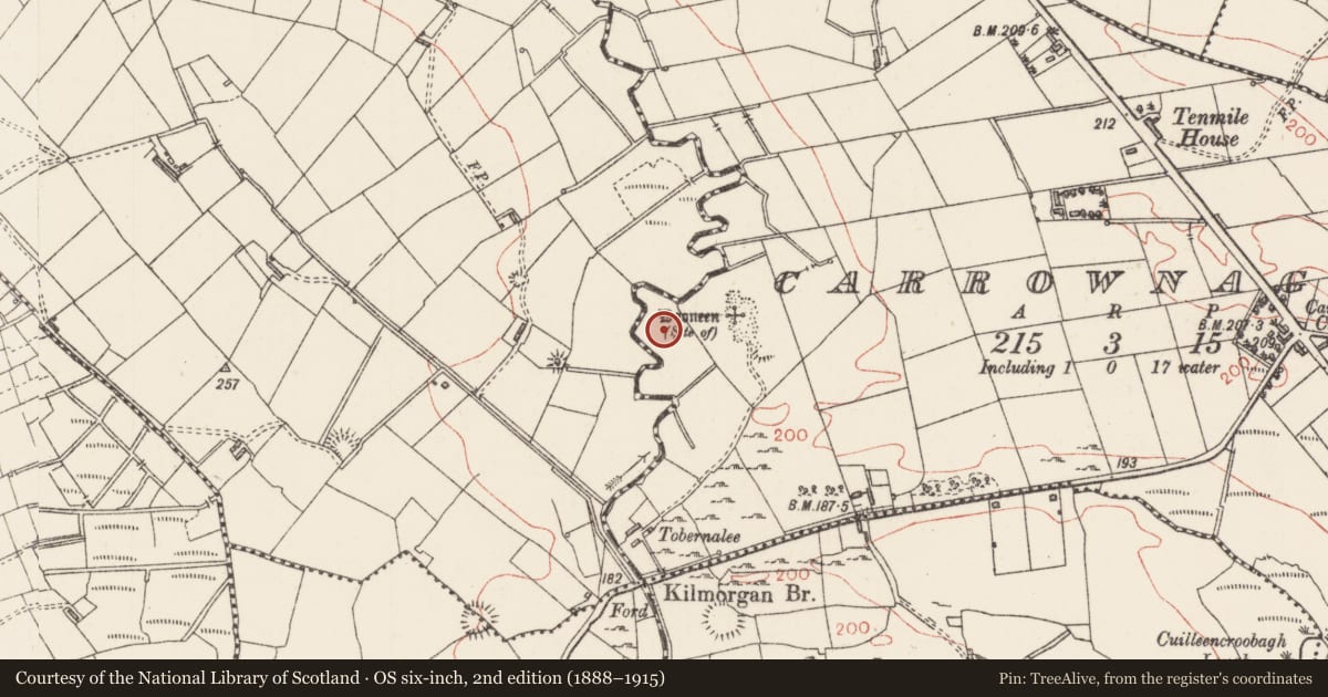 Ordnance Survey six-inch map, 2nd edition (1888–1915) covering the location of Enclosure, Carrownagark, County Sligo, with a pin at the register's coordinates