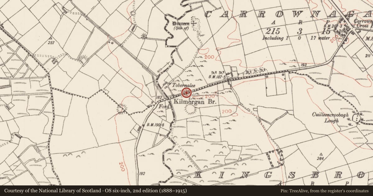 Ordnance Survey six-inch map, 2nd edition (1888–1915) covering the location of Ritual site - holy well, Carrownagark, County Sligo, with a pin at the register's coordinates