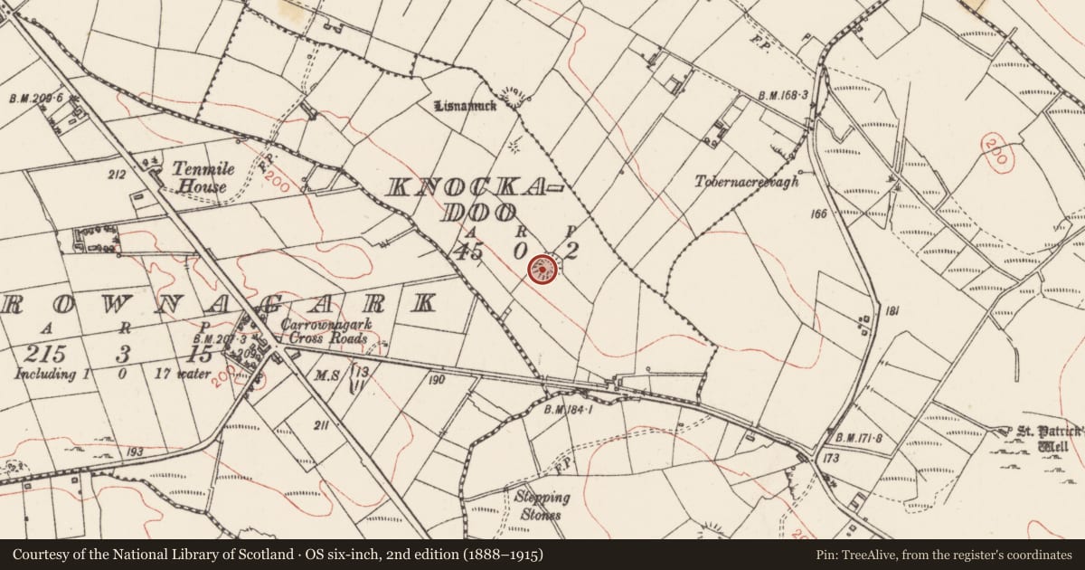 Ordnance Survey six-inch map, 2nd edition (1888–1915) covering the location of Ringfort - rath, Knockadoo, County Sligo, with a pin at the register's coordinates