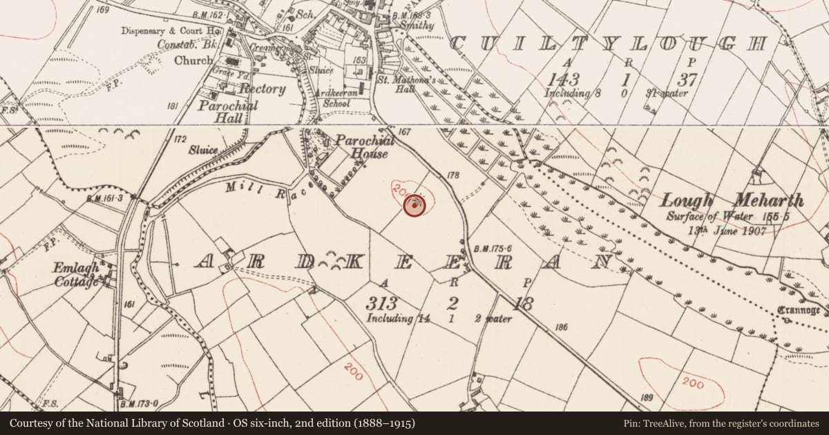 Ordnance Survey six-inch map, 2nd edition (1888–1915) covering the location of Barrow - embanked barrow, Ardkeeran, County Sligo, with a pin at the register's coordinates