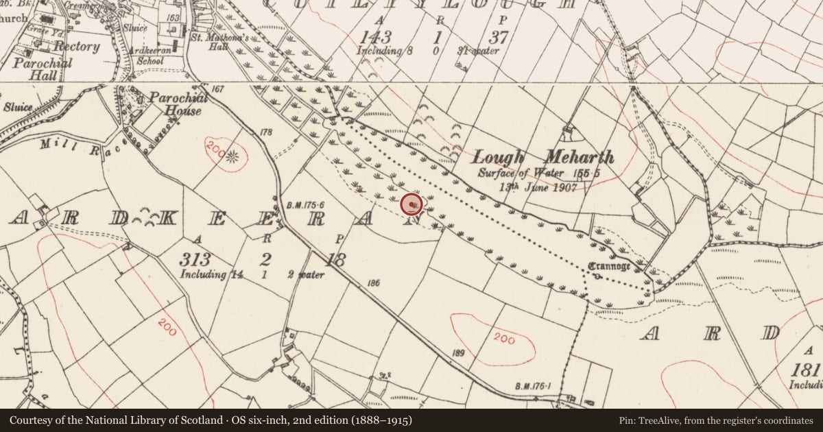 Ordnance Survey six-inch map, 2nd edition (1888–1915) covering the location of Crannog, Ardkeeran, County Sligo, with a pin at the register's coordinates