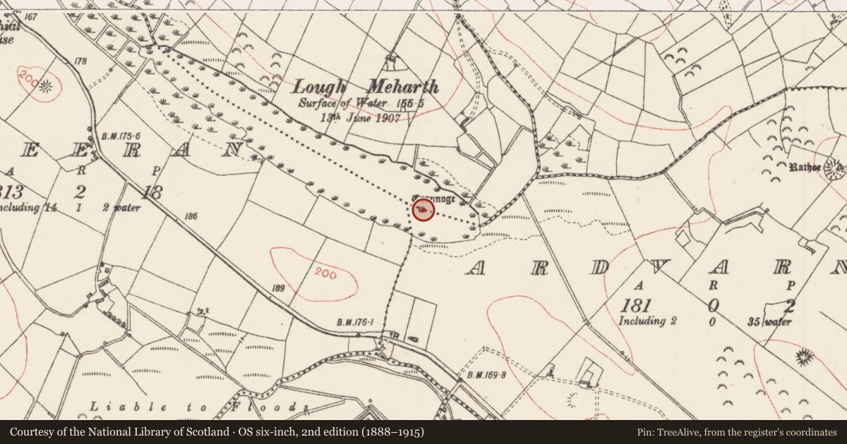 Ordnance Survey six-inch map, 2nd edition (1888–1915) covering the location of Crannog, Ardvarney, Cuiltylough, County Sligo, with a pin at the register's coordinates