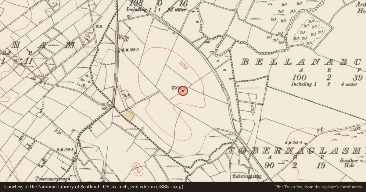 Ordnance Survey six-inch map, 2nd edition (1888–1915) covering the location of Souterrain, Emlagh (Detached portion), County Sligo, with a pin at the register's coordinates