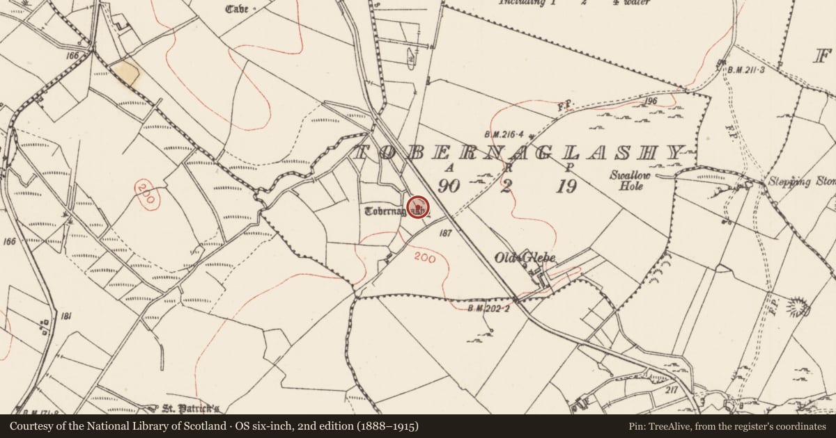 Ordnance Survey six-inch map, 2nd edition (1888–1915) covering the location of Ritual site - holy well, Tobernaglashy, County Sligo, with a pin at the register's coordinates