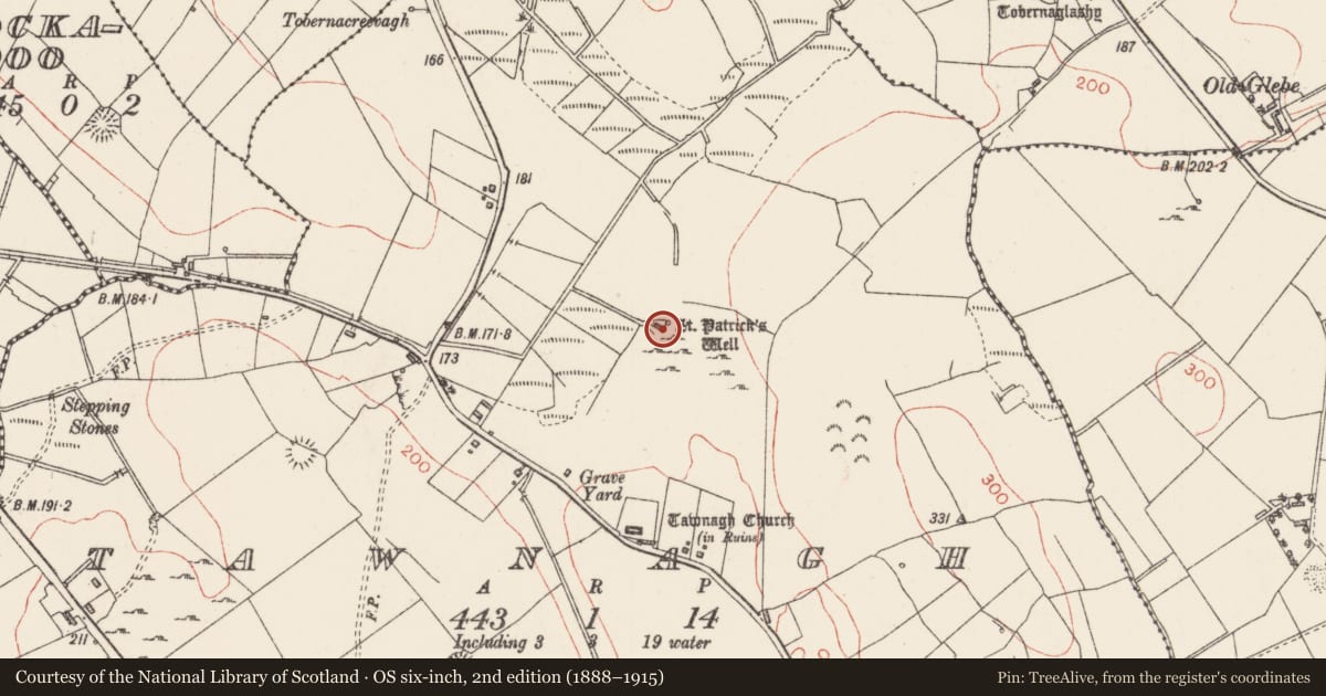 Ordnance Survey six-inch map, 2nd edition (1888–1915) covering the location of Ritual site - holy well, Tawnagh, County Sligo, with a pin at the register's coordinates