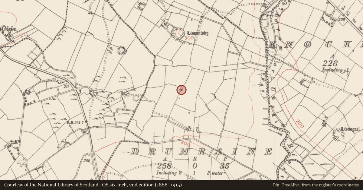 Ordnance Survey six-inch map, 2nd edition (1888–1915) covering the location of Ringfort - rath, Drumraine, County Sligo, with a pin at the register's coordinates