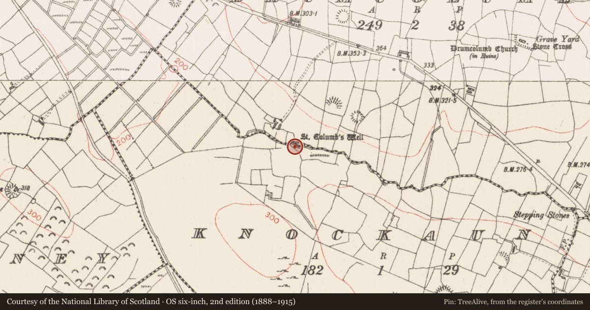 Ordnance Survey six-inch map, 2nd edition (1888–1915) covering the location of Ritual site - holy well, Drumcolumb, County Sligo, with a pin at the register's coordinates