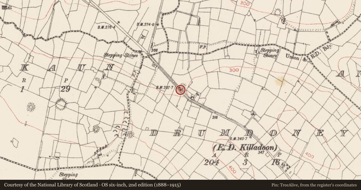 Ordnance Survey six-inch map, 2nd edition (1888–1915) covering the location of Ringfort - rath, Drumdoney, County Sligo, with a pin at the register's coordinates