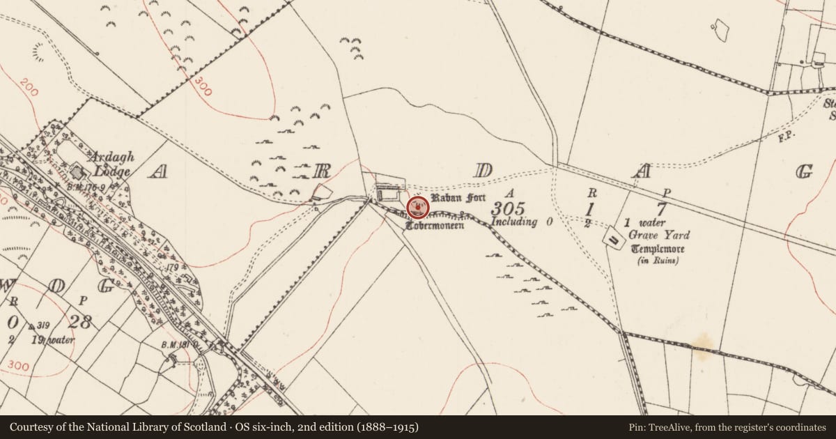 Ordnance Survey six-inch map, 2nd edition (1888–1915) covering the location of Ringfort - rath, Ardagh, County Sligo, with a pin at the register's coordinates