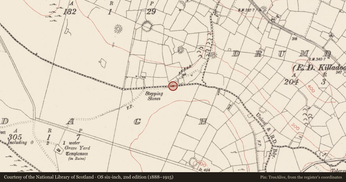 Ordnance Survey six-inch map, 2nd edition (1888–1915) covering the location of Ringfort - rath, Knockaun, County Sligo, with a pin at the register's coordinates