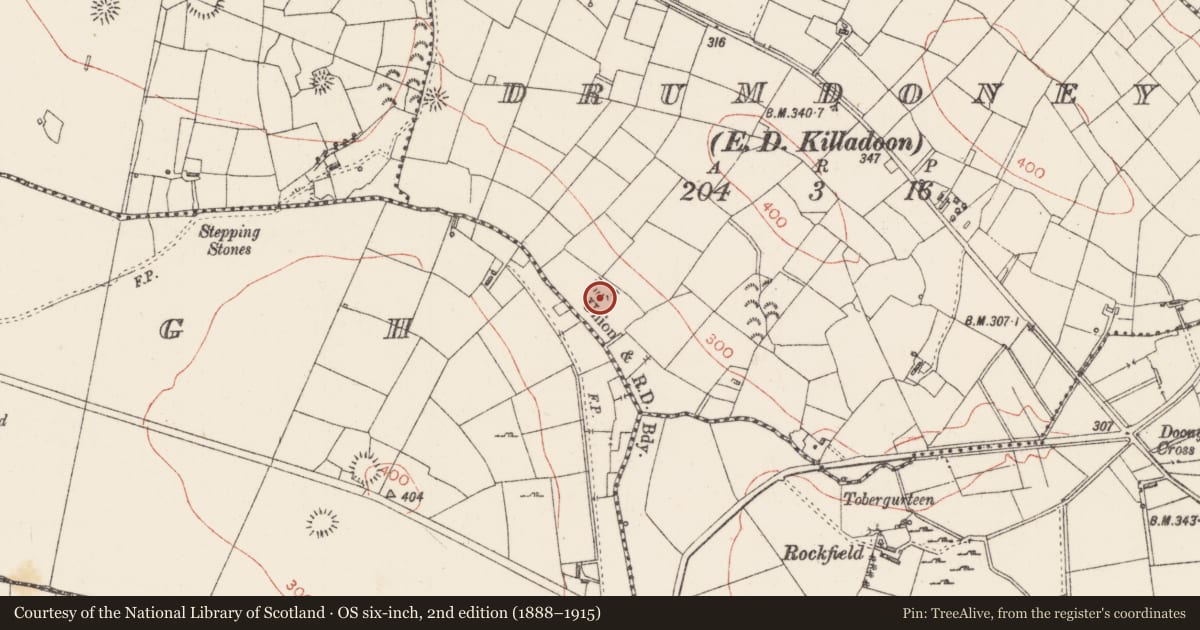 Ordnance Survey six-inch map, 2nd edition (1888–1915) covering the location of Ringfort - rath, Drumdoney, County Sligo, with a pin at the register's coordinates