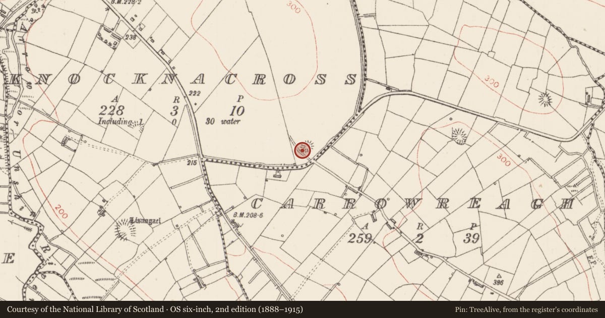 Ordnance Survey six-inch map, 2nd edition (1888–1915) covering the location of Hut site, Knocknacross, County Sligo, with a pin at the register's coordinates