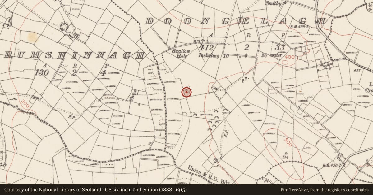 Ordnance Survey six-inch map, 2nd edition (1888–1915) covering the location of Ringfort - rath, Doongelagh, County Sligo, with a pin at the register's coordinates