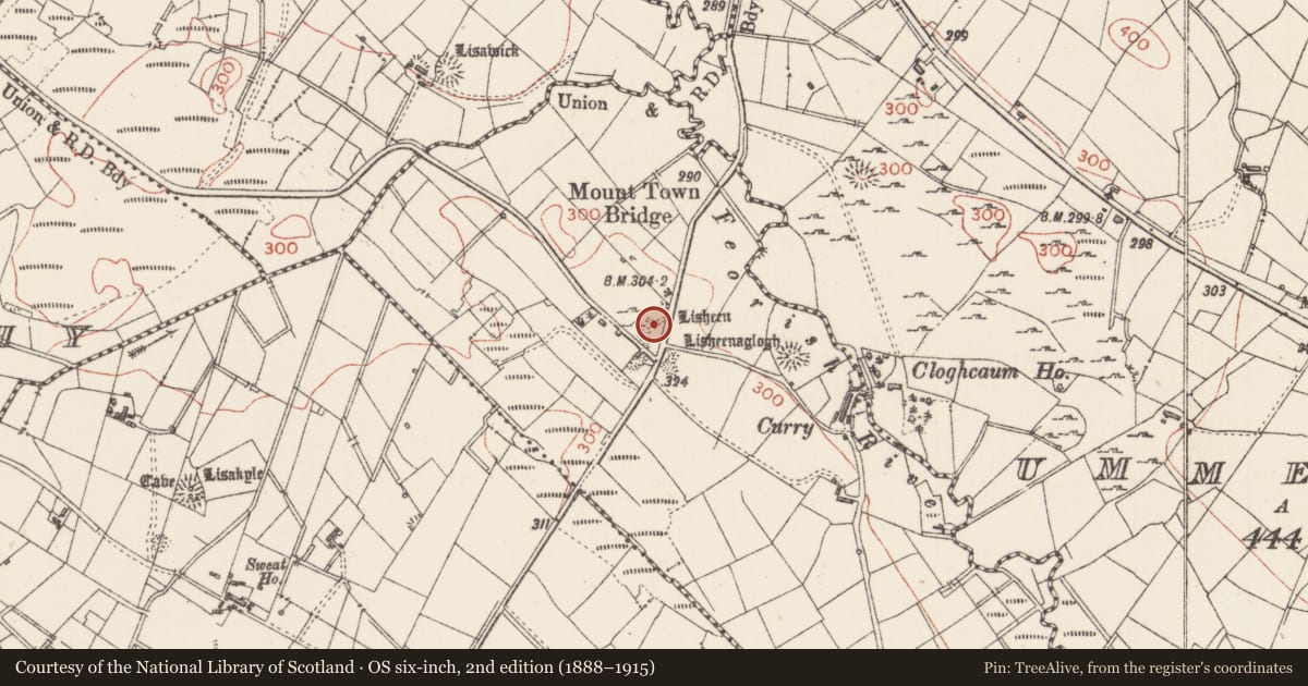 Ordnance Survey six-inch map, 2nd edition (1888–1915) covering the location of Barrow - mound barrow, Mount Town, County Sligo, with a pin at the register's coordinates