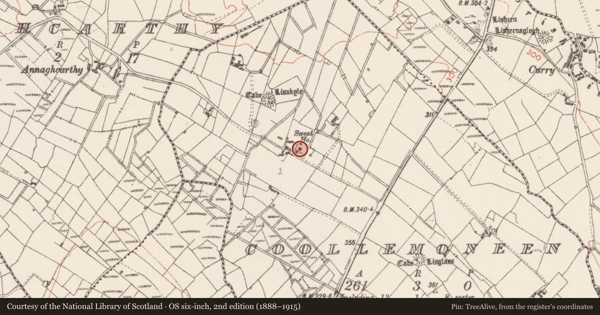 Ordnance Survey six-inch map, 2nd edition (1888–1915) covering the location of Sweathouse, Coollemoneen, County Sligo, with a pin at the register's coordinates