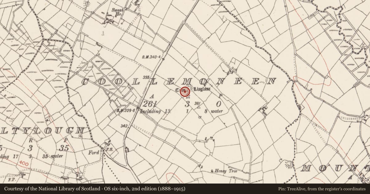 Ordnance Survey six-inch map, 2nd edition (1888–1915) covering the location of Souterrain, Coollemoneen, County Sligo, with a pin at the register's coordinates