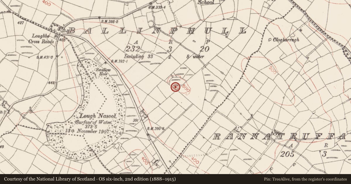 Ordnance Survey six-inch map, 2nd edition (1888–1915) covering the location of Enclosure, Ballinphull, County Sligo, with a pin at the register's coordinates