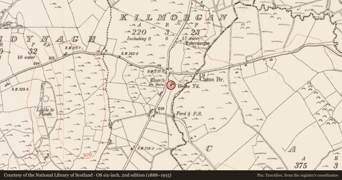 Ordnance Survey six-inch map, 2nd edition (1888–1915) covering the location of Church, Kilmorgan, County Sligo, with a pin at the register's coordinates