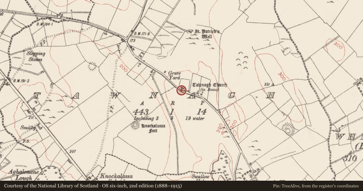 Ordnance Survey six-inch map, 2nd edition (1888–1915) covering the location of Church, Tawnagh, County Sligo, with a pin at the register's coordinates