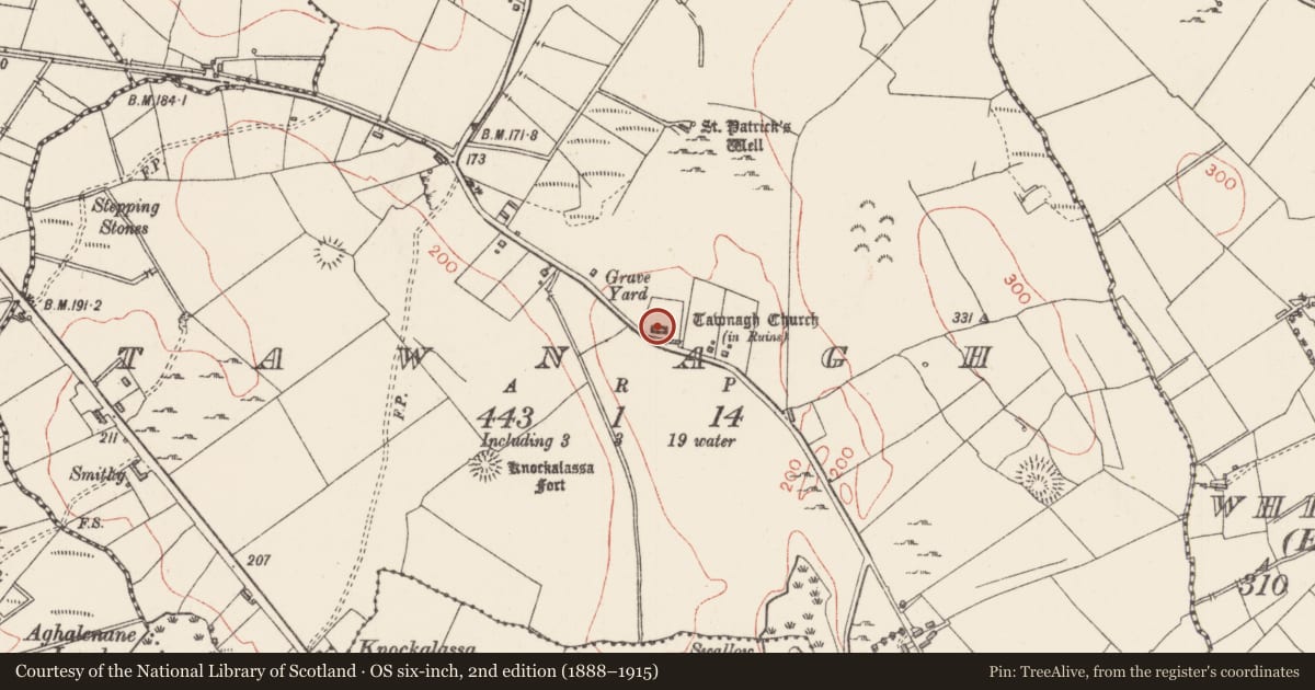 Ordnance Survey six-inch map, 2nd edition (1888–1915) covering the location of Graveyard, Tawnagh, County Sligo, with a pin at the register's coordinates