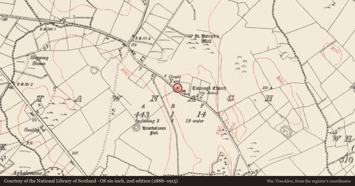 Ordnance Survey six-inch map, 2nd edition (1888–1915) covering the location of Enclosure, Tawnagh, County Sligo, with a pin at the register's coordinates