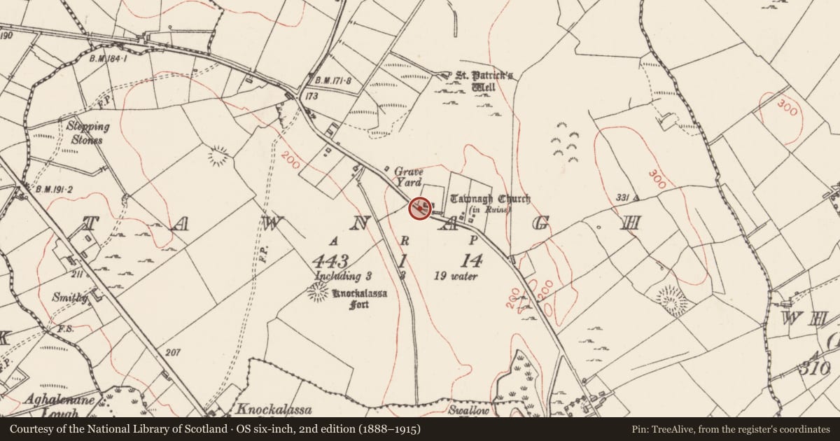 Ordnance Survey six-inch map, 2nd edition (1888–1915) covering the location of Headstone, Tawnagh, County Sligo, with a pin at the register's coordinates